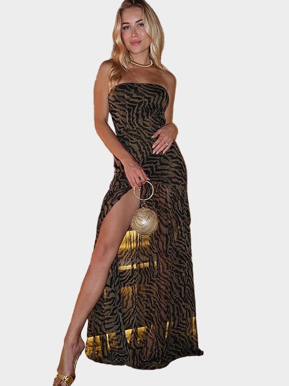 Strapless Dress with Mesh Print and High Slit Leopard Jasmine's Boutique Australia