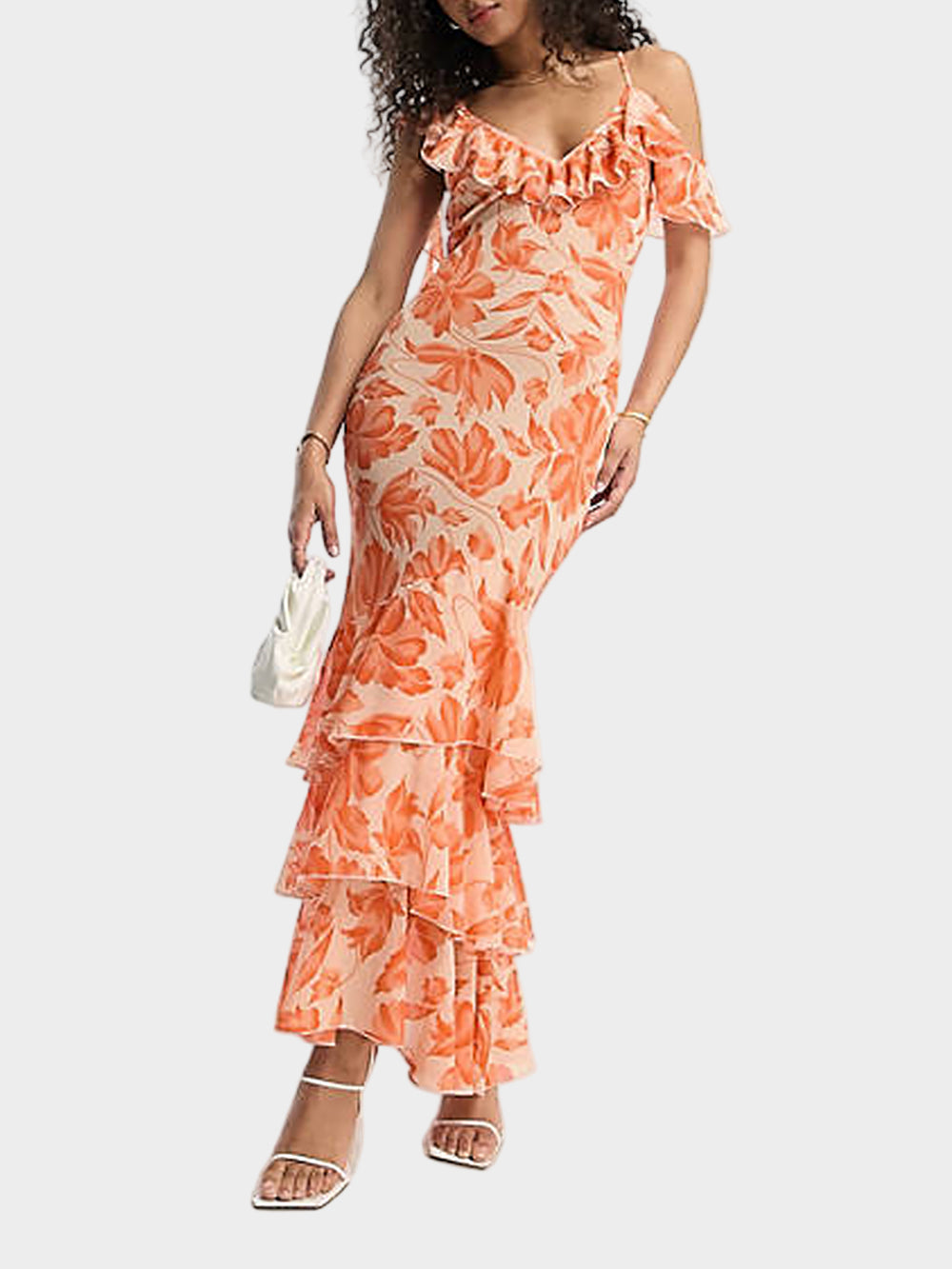 Orange Floral Jacquard Asymmetric Shoulder Maxi Dress Jasmine's Boutique Australia