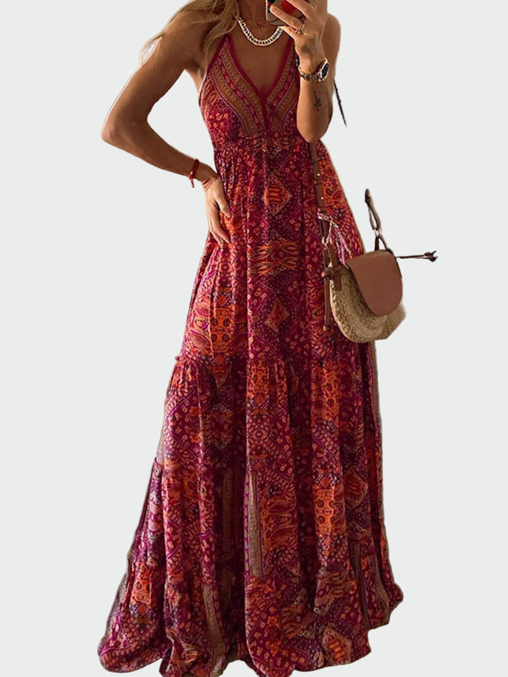Dress with vintage print and high-waisted V-neck Jasmine's Boutique Australia