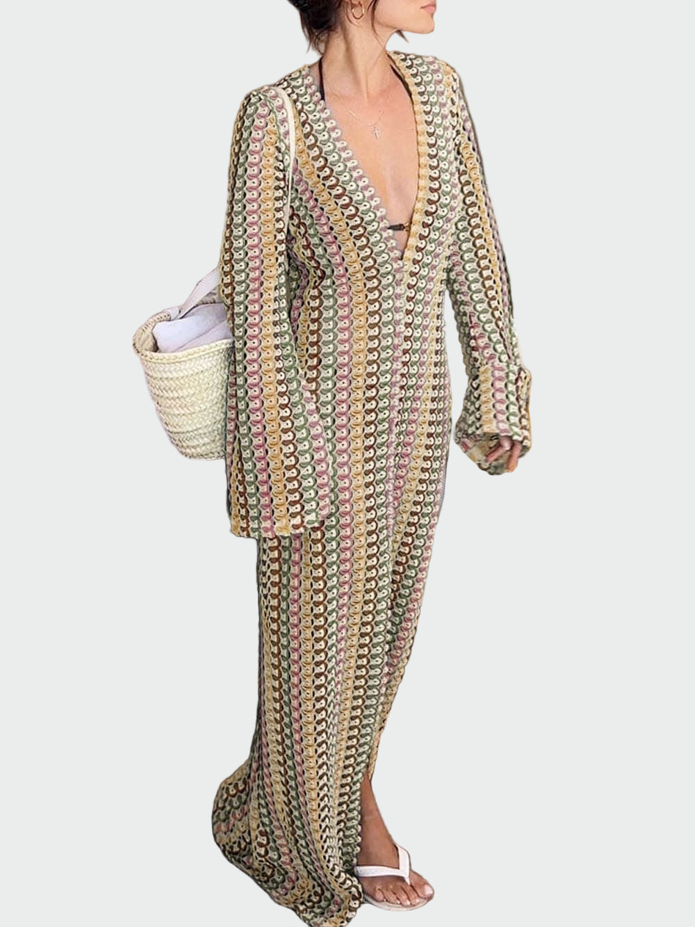 Brown Boho Crochet Striped Maxi Dress Jasmine's Boutique Australia