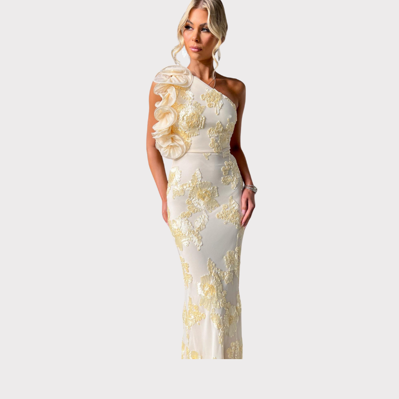 Celeste | One-Shoulder Embroidered Mesh Maxi Dress Liora Lane Boutique