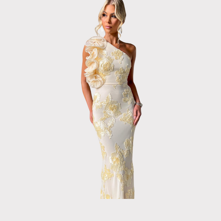 Celeste | One-Shoulder Embroidered Mesh Maxi Dress Liora Lane Boutique