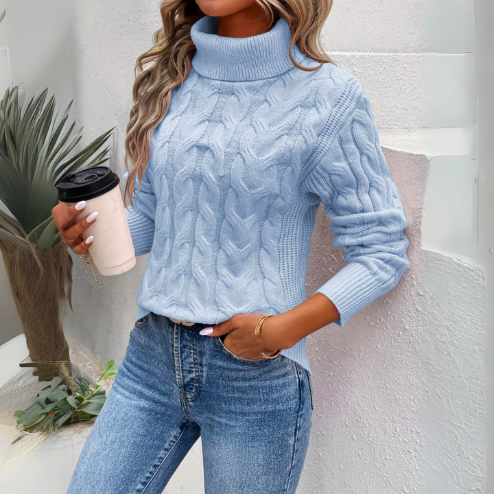 Giorgia | Cable Knit Roll Neck Jumper  Liora Lane Boutique  Blue / UK 16-18 (XL) 39.95
