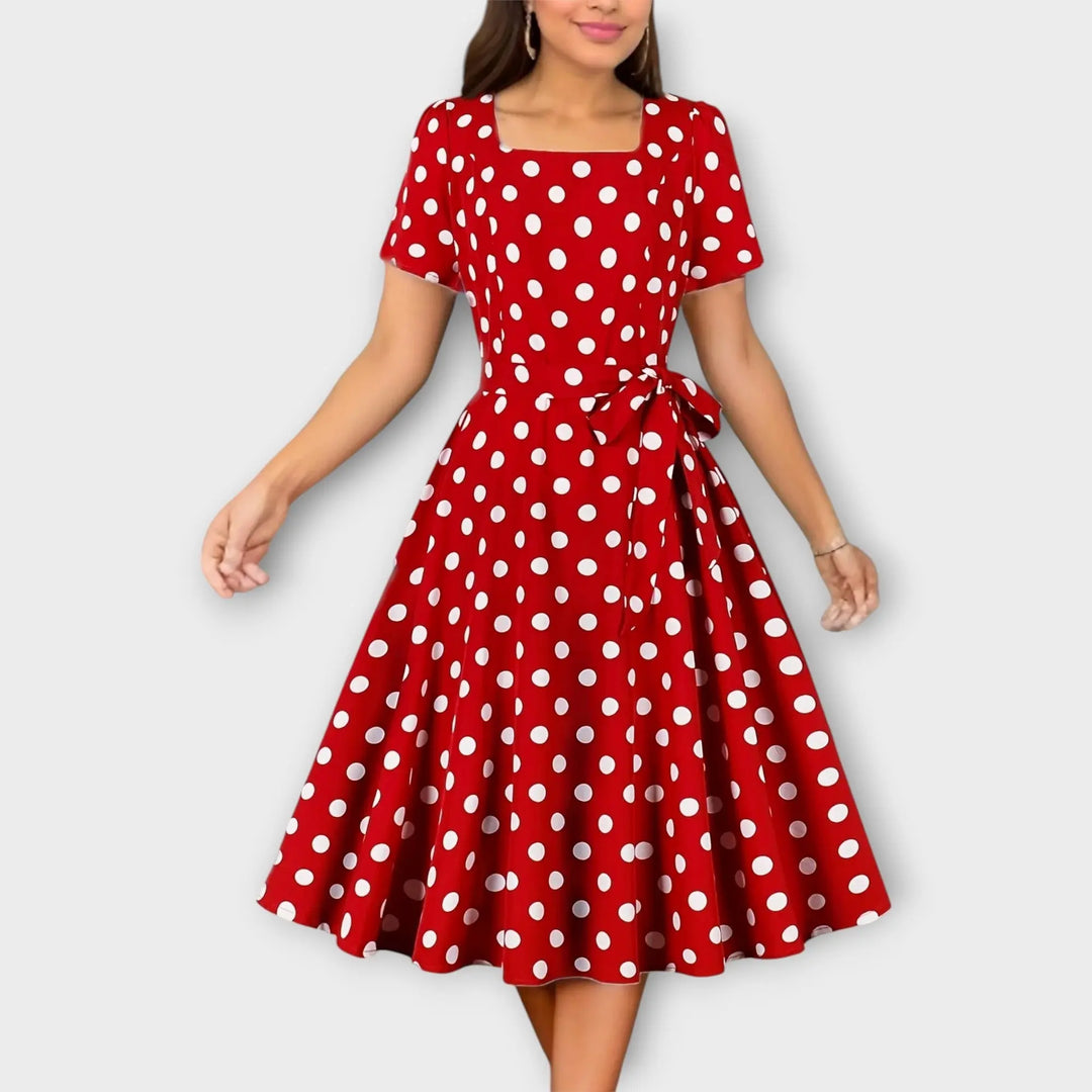 Retro Polka Dot Dress with Belt and Square Neckline Jasmine's Boutique Australia