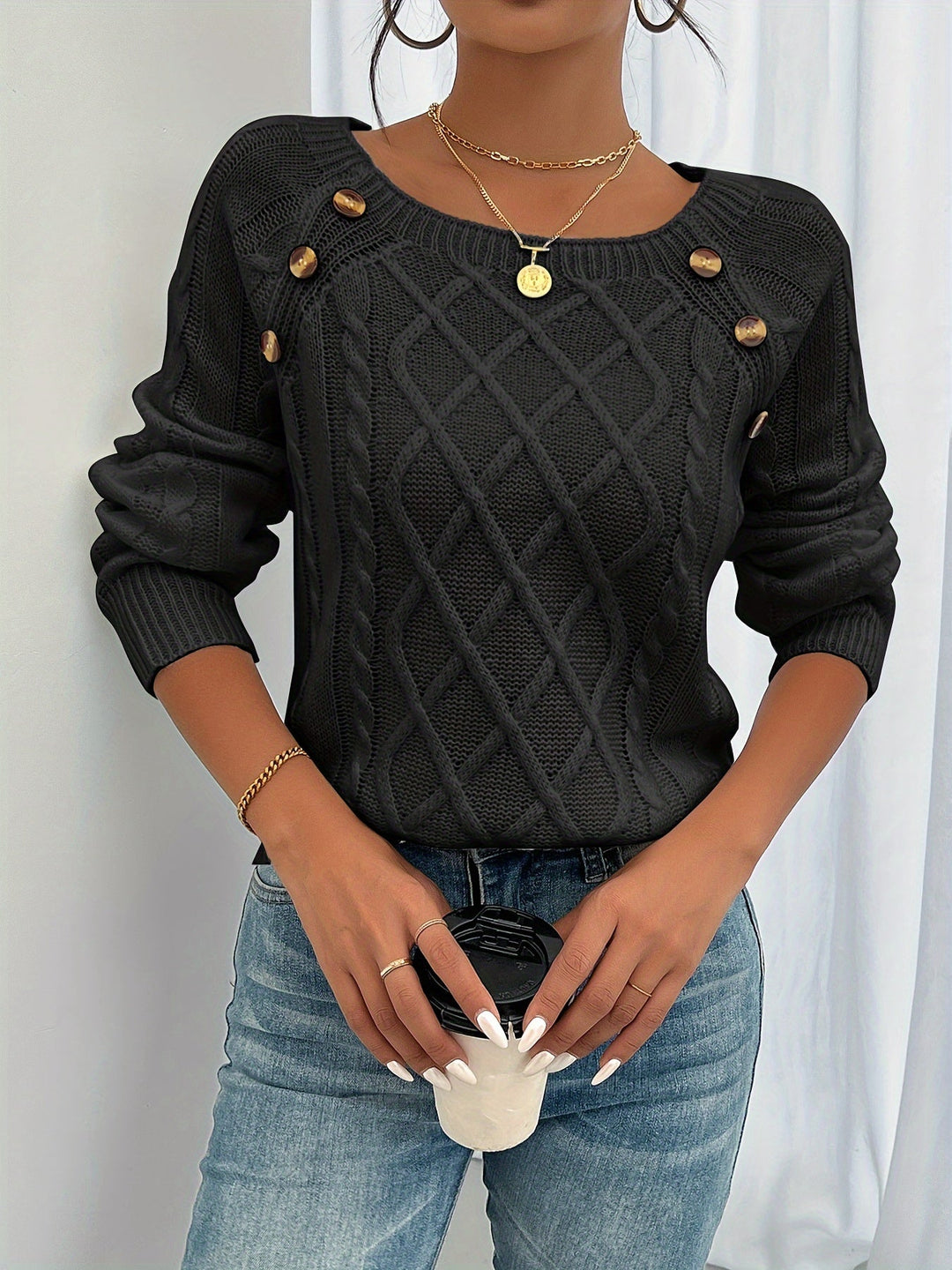 Bella | Cable Knit Jumper  Liora Lane Boutique  Black / UK 18-20 (2XL) 39.95