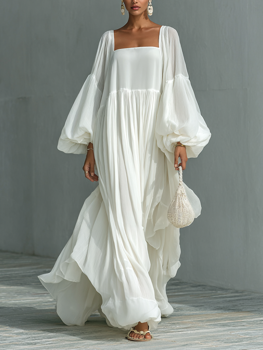 Maxi Pleated Dress with Lantern Sleeves and Notched Collar Jasmine's Boutique Australia