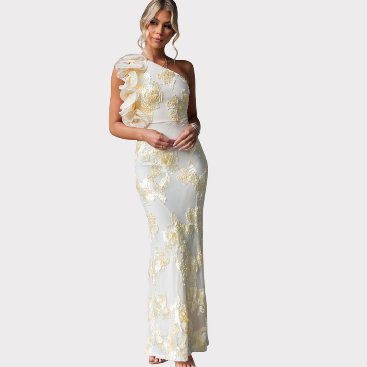 Celeste | One-Shoulder Embroidered Mesh Maxi Dress Liora Lane Boutique
