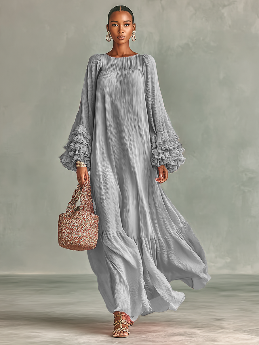Maxi Dress in Pleated Chiffon for Women with Long Sleeves and Ruffles Jasmine's Boutique Australia