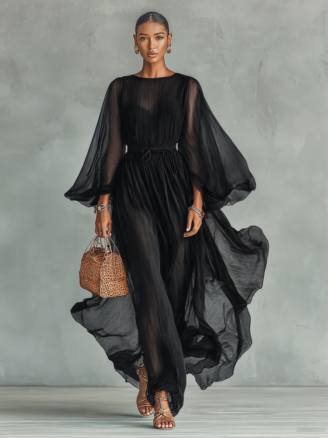 Maxi Chiffon Dress with Round Neck and Long Sleeves for Women, with Adjustable Waist Jasmine's Boutique Australia
