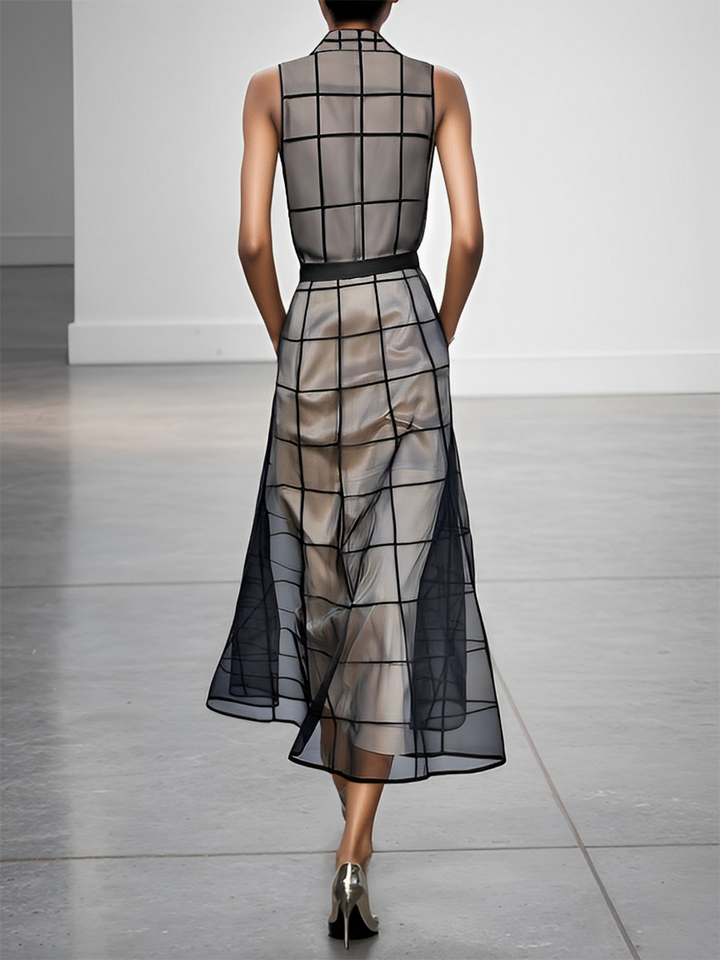 Maxi Sleeveless Tulle Check Dress with Collar and Belt Jasmine's Boutique Australia