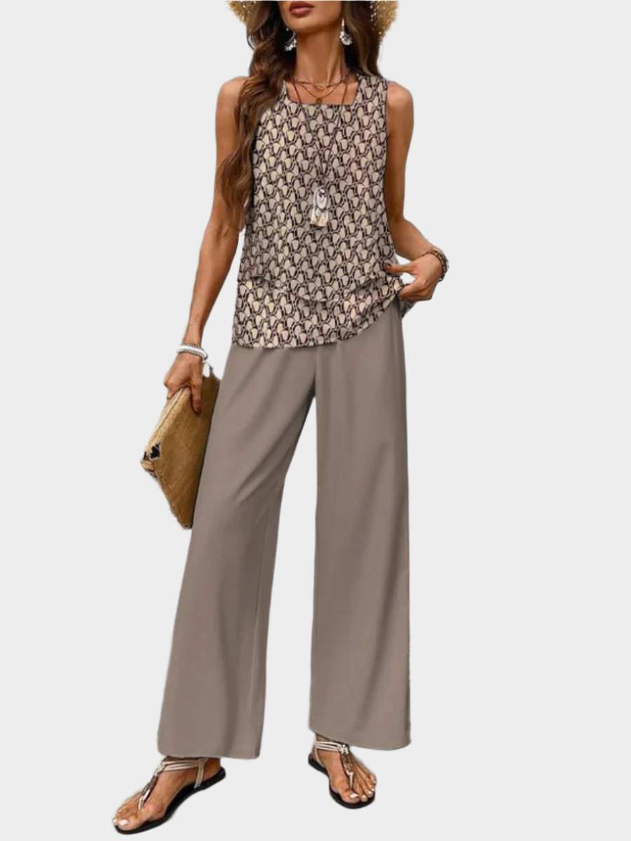 Summer Set with Sleeveless Top and Leaf-Printed Pants Jasmine's Boutique Australia