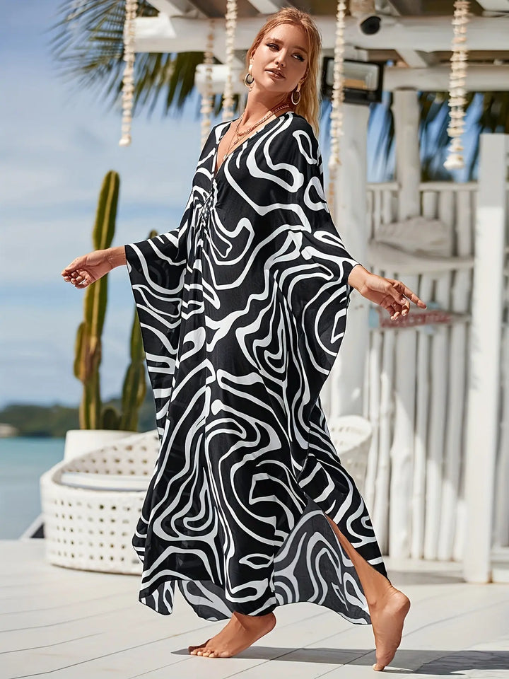 Monochrome Waves Flow Maxi Kaftan Jasmine's Boutique Australia
