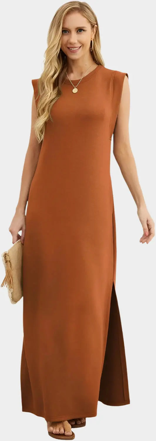 2025 Women Year-Round Casual Round Neck Loose Split Wrinkle-Free Long Maxi Vacation Dress with Pockets Jasmine's Boutique Australia