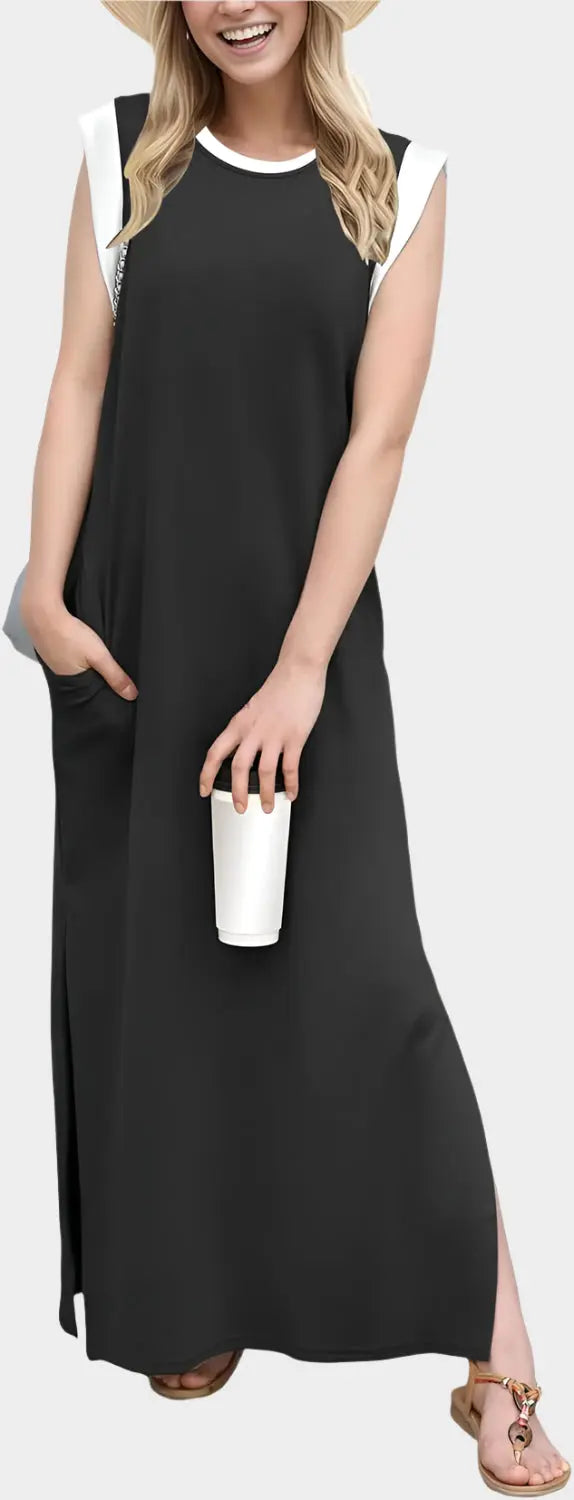 2025 Women Year-Round Casual Round Neck Loose Split Wrinkle-Free Long Maxi Vacation Dress with Pockets Jasmine's Boutique Australia