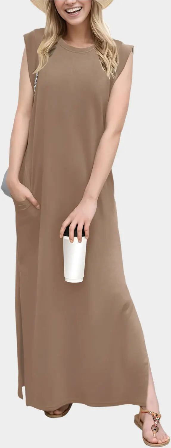 2025 Women Year-Round Casual Round Neck Loose Split Wrinkle-Free Long Maxi Vacation Dress with Pockets Jasmine's Boutique Australia