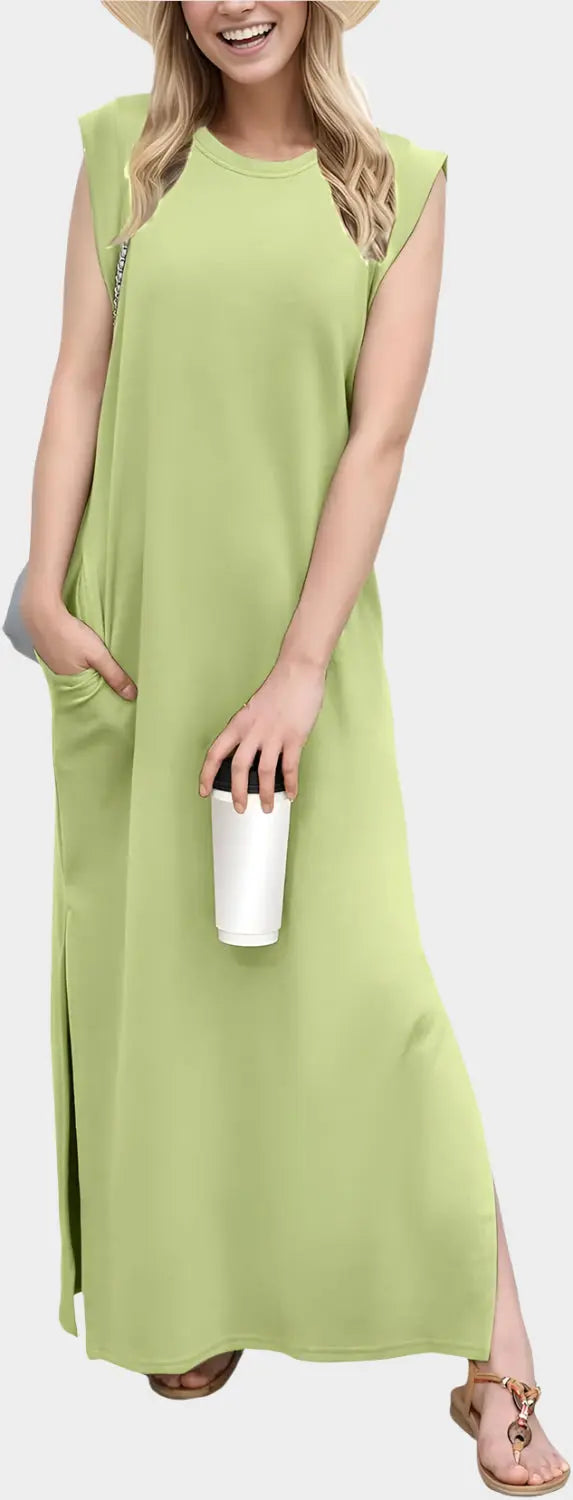 2025 Women Year-Round Casual Round Neck Loose Split Wrinkle-Free Long Maxi Vacation Dress with Pockets Jasmine's Boutique Australia
