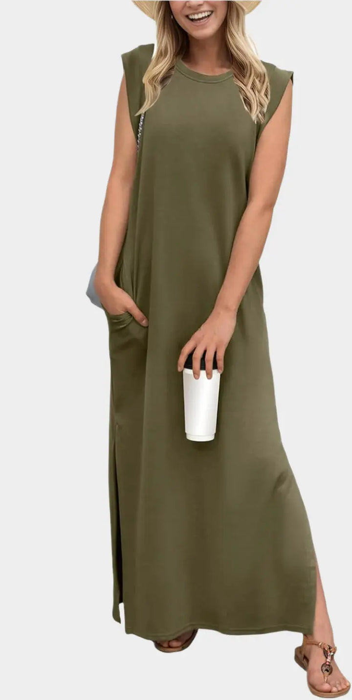 2025 Women Year-Round Casual Round Neck Loose Split Wrinkle-Free Long Maxi Vacation Dress with Pockets Jasmine's Boutique Australia