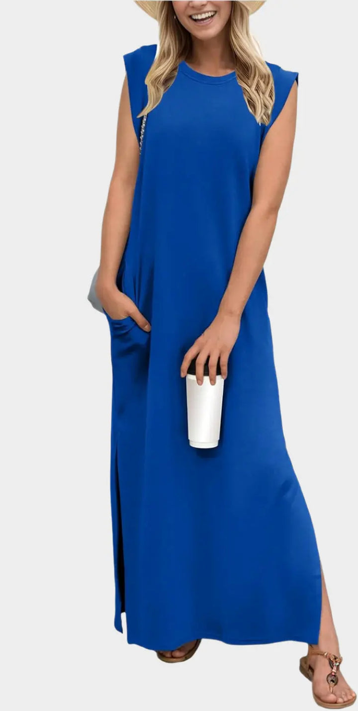 2025 Women Year-Round Casual Round Neck Loose Split Wrinkle-Free Long Maxi Vacation Dress with Pockets Jasmine's Boutique Australia