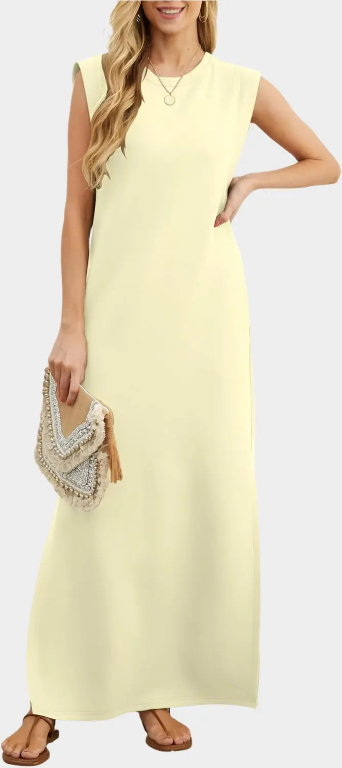 2025 Women Year-Round Casual Round Neck Loose Split Wrinkle-Free Long Maxi Vacation Dress with Pockets Jasmine's Boutique Australia