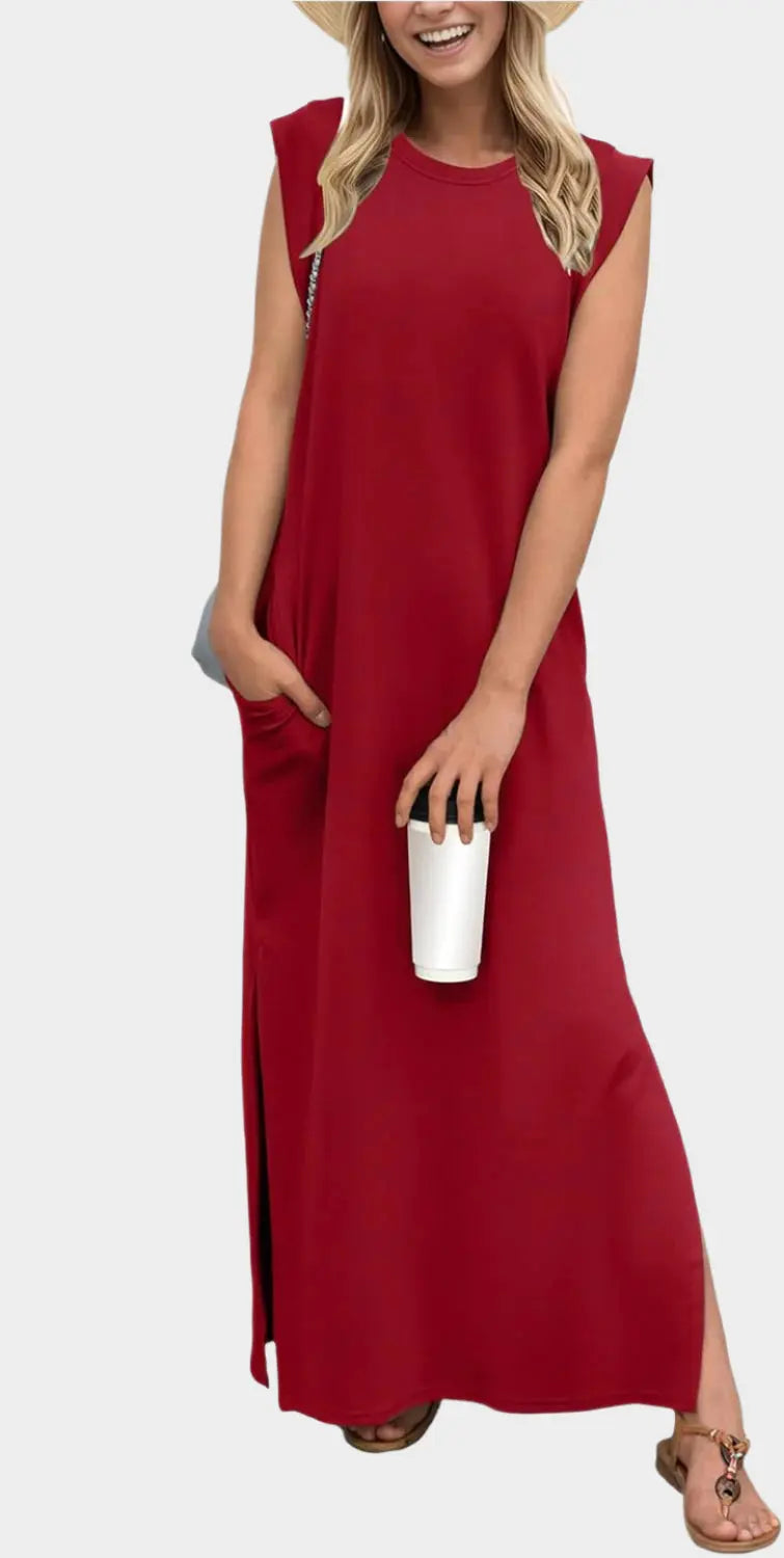 2025 Women Year-Round Casual Round Neck Loose Split Wrinkle-Free Long Maxi Vacation Dress with Pockets Jasmine's Boutique Australia