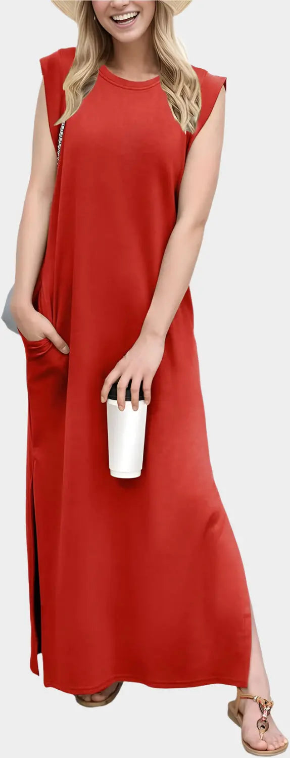 2025 Women Year-Round Casual Round Neck Loose Split Wrinkle-Free Long Maxi Vacation Dress with Pockets Jasmine's Boutique Australia