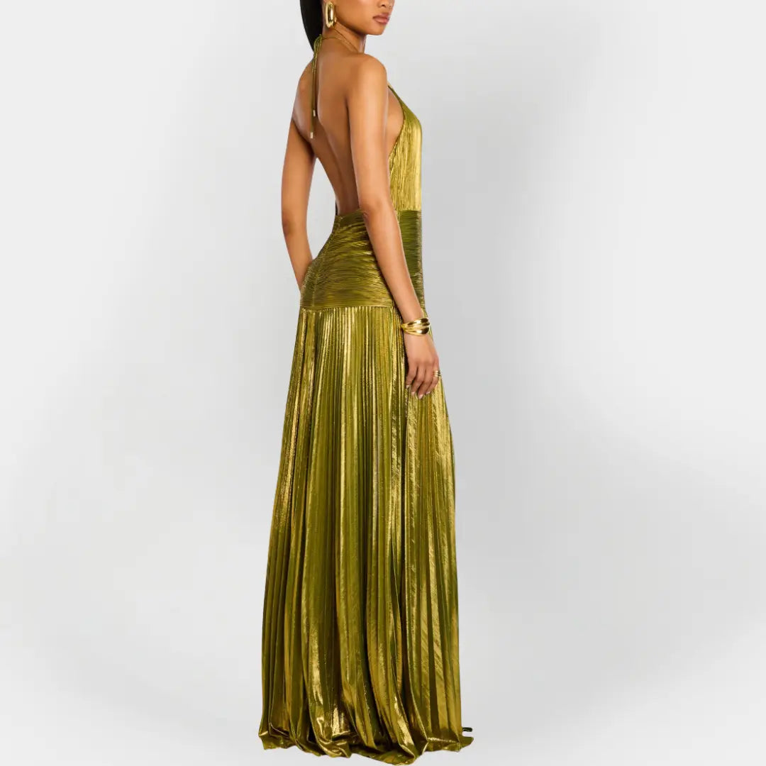 Long Metallic Dress with Neck Tie and Slit Jasmine's Boutique Australia