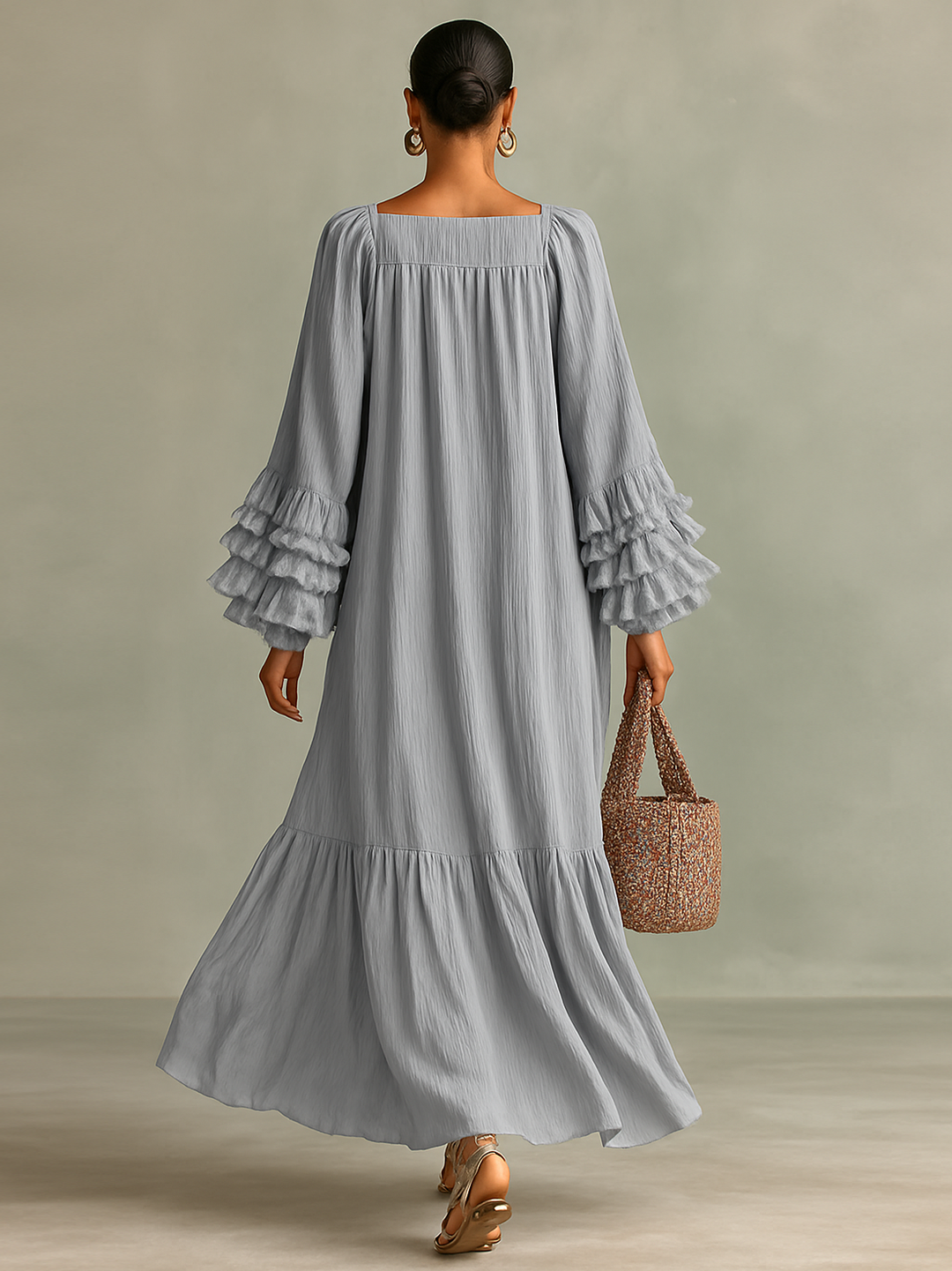 Maxi Dress in Pleated Chiffon for Women with Long Sleeves and Ruffles Jasmine's Boutique Australia