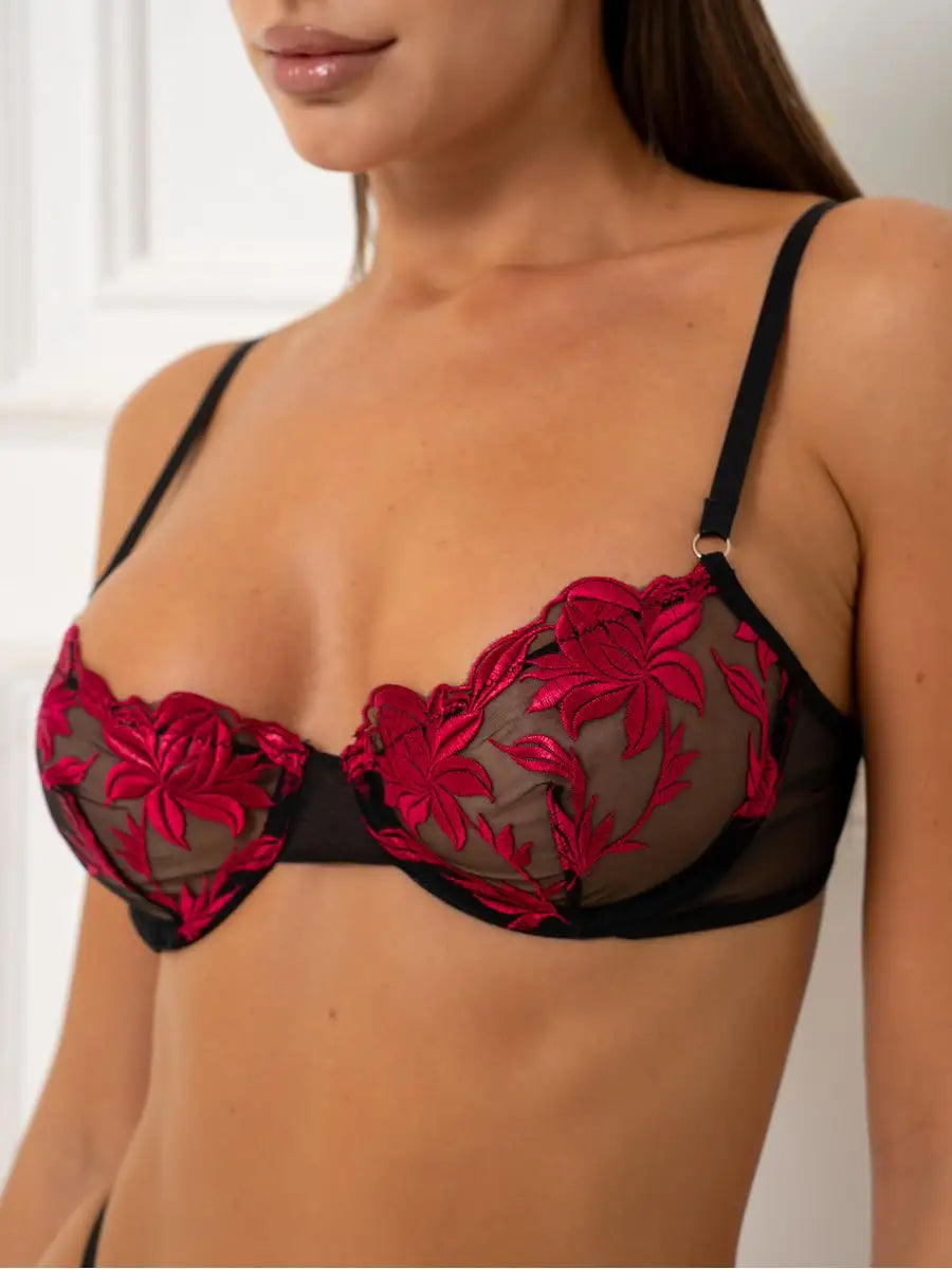 Crimson Desire Sheer Embroidered Lingerie Set Jasmine's Boutique Australia