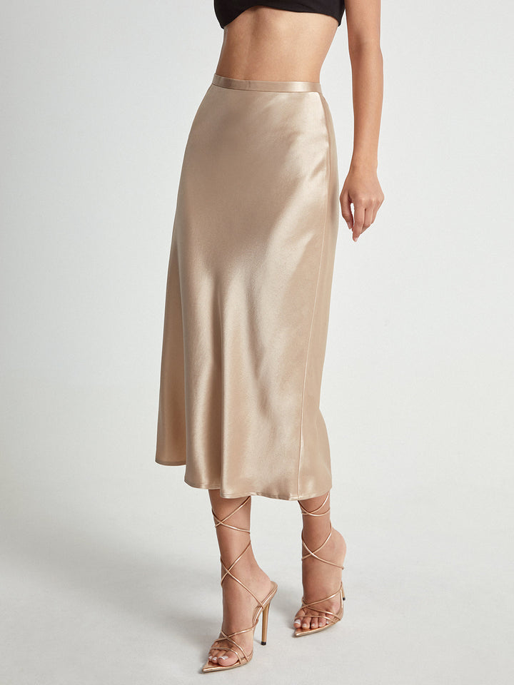 High Waisted Satin Flowy Midi Skirt  Liora Lane Boutique Skirts Apricot / XL 38.00