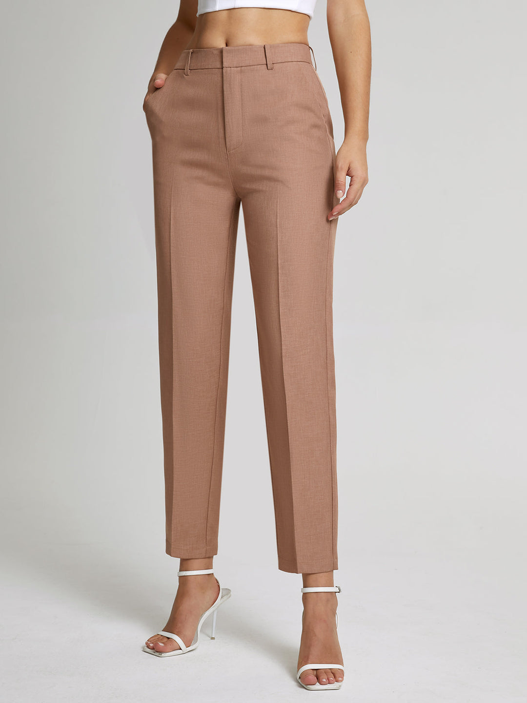 High Waisted Cropped Skinny Straight Leg Trousers  Liora Lane Boutique Pants Light Brown / XL 39.00