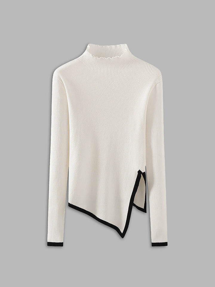 Asymmetrical Trim Mock Neck Sweater  Liora Lane Boutique Sweaters White / XL 32.00