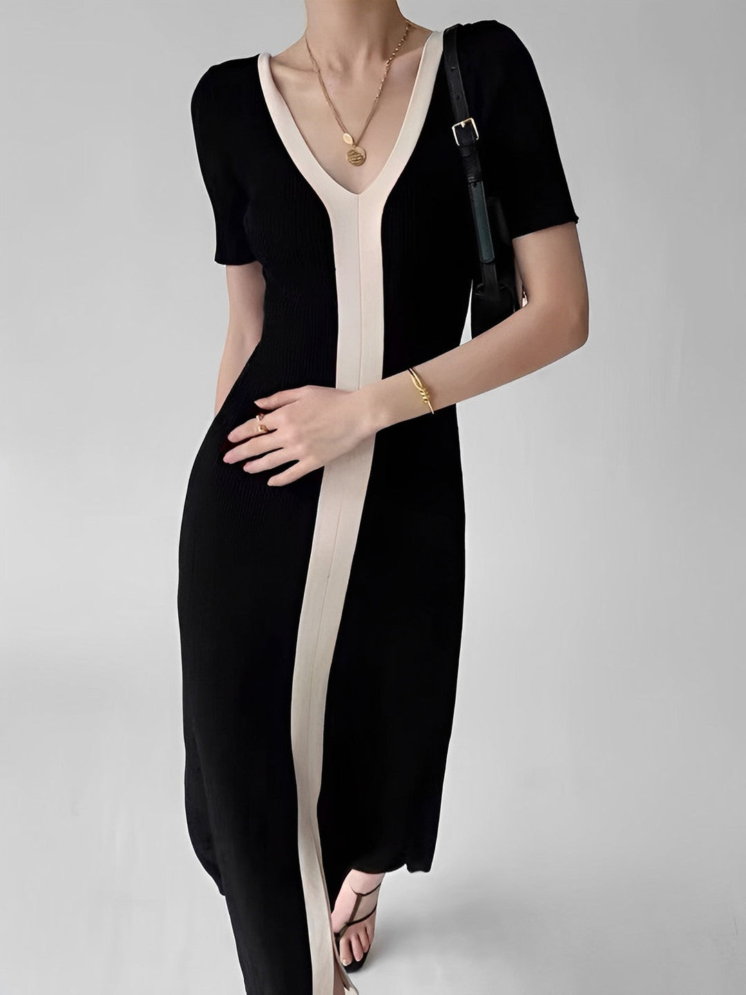 Two Tone V-Neck Knit Slit Midi Dress  Liora Lane Boutique Sweater Dresses