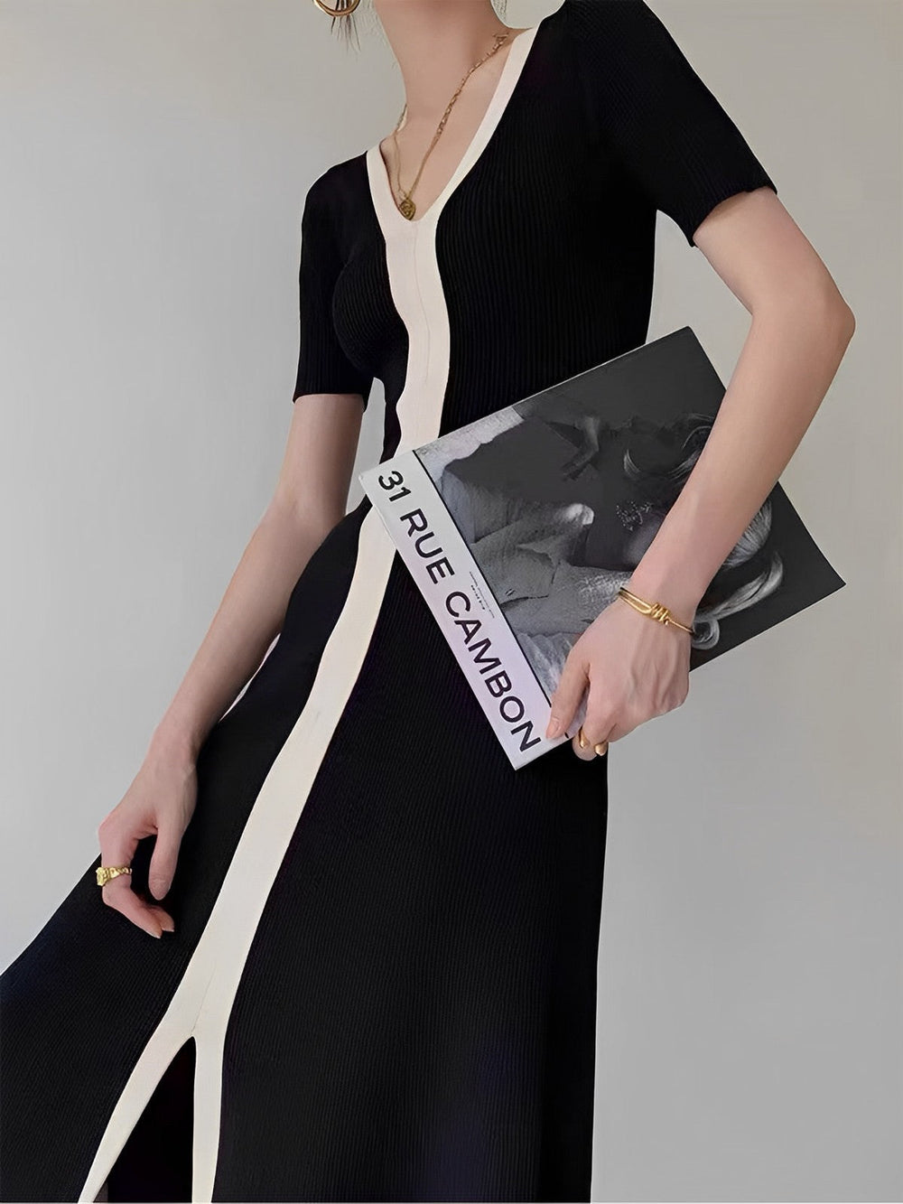 Two Tone V-Neck Knit Slit Midi Dress  Liora Lane Boutique Sweater Dresses