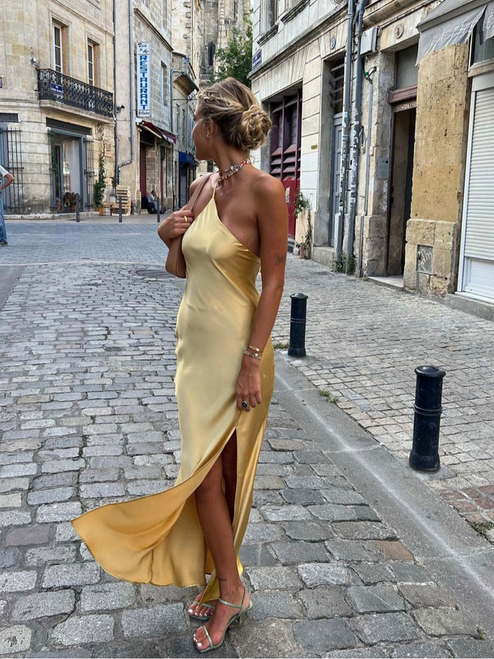 Moonlight Open Back Satin Slit Long Dress  Liora Lane Boutique Dresses Yellow / XL 84.99