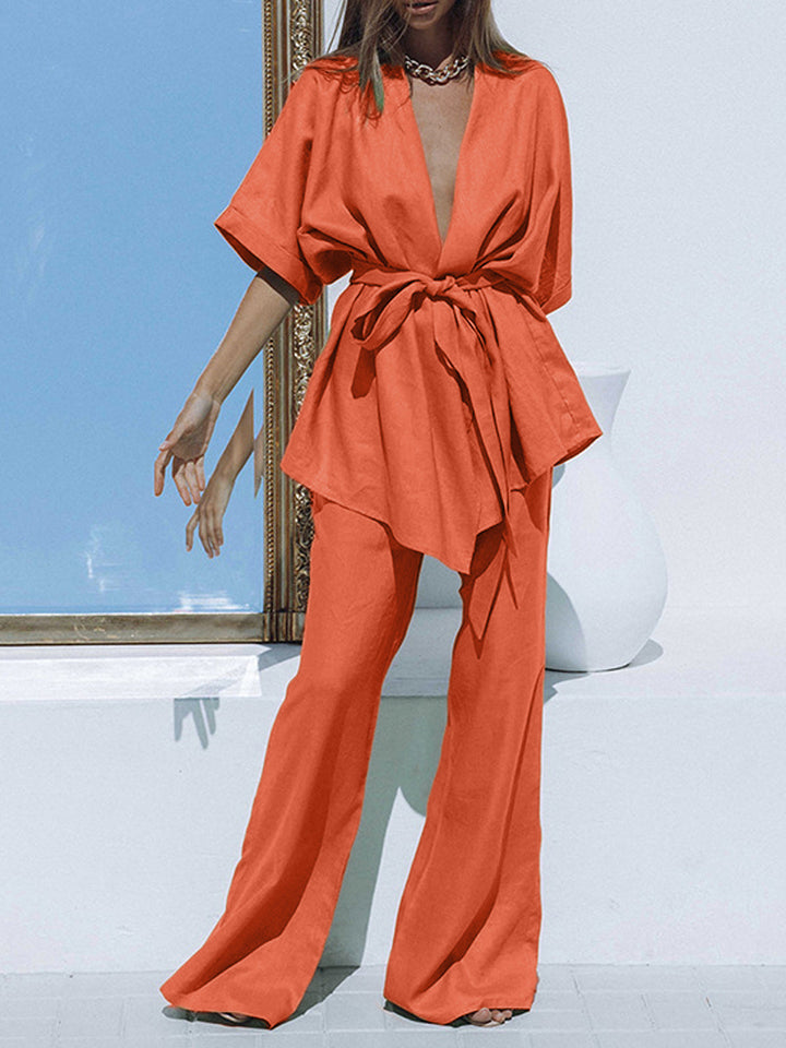 Oversized Linen Tied Two Piece Pants Set  Liora Lane Boutique Pant Sets