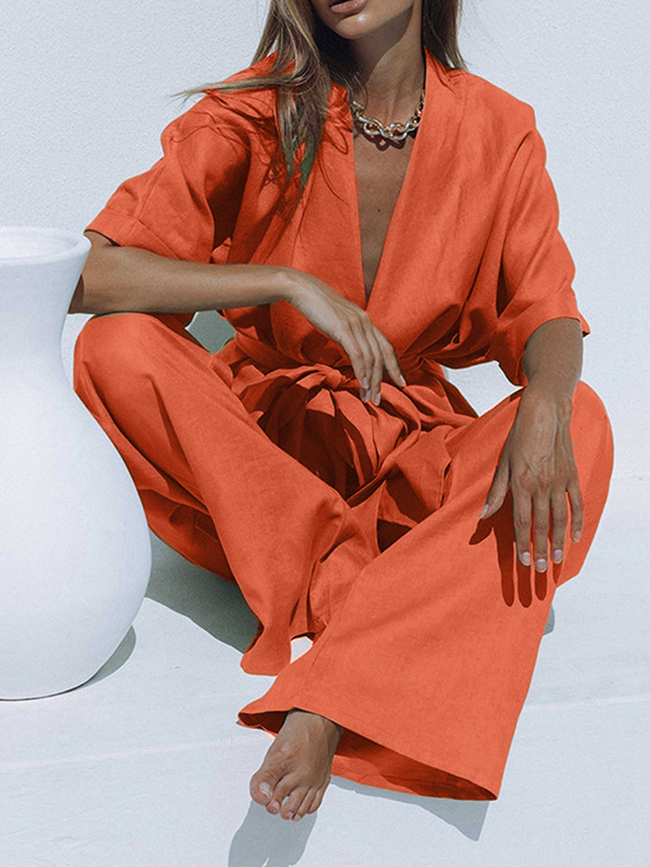 Oversized Linen Tied Two Piece Pants Set  Liora Lane Boutique Pant Sets Orange / XL 142.99