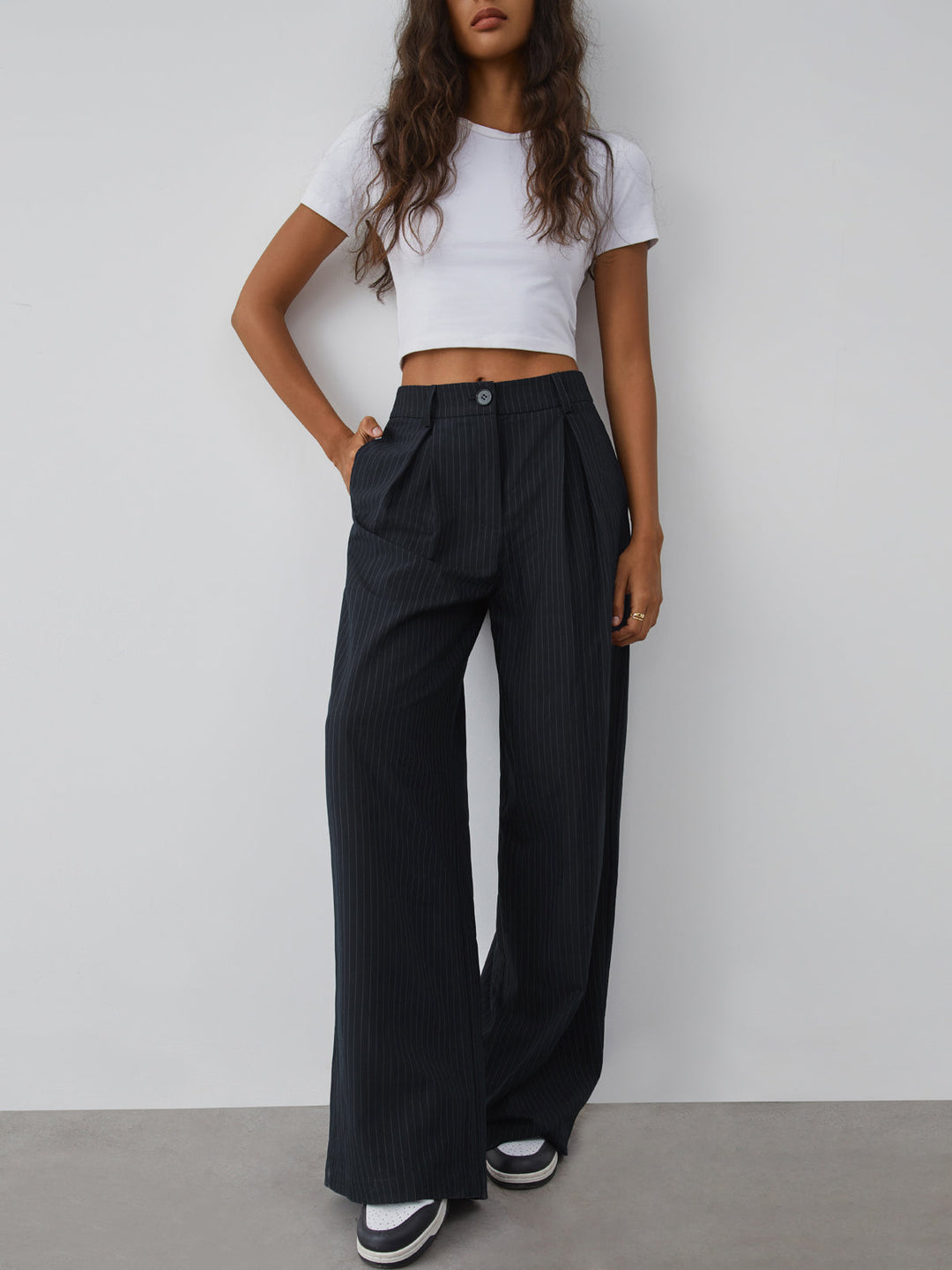 Shock Value Pinstripe Wide Leg Dress Pants  Liora Lane Boutique Pants