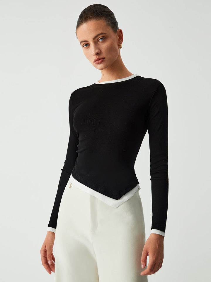Asymmetric Hem Contrast Trim Long Sleeve Shirt  Liora Lane Boutique T-Shirts Black / XL 28.00