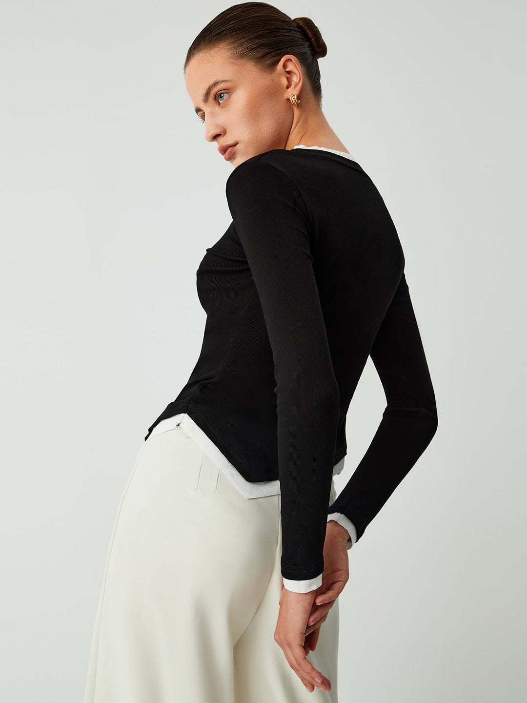Asymmetric Hem Contrast Trim Long Sleeve Shirt  Liora Lane Boutique T-Shirts