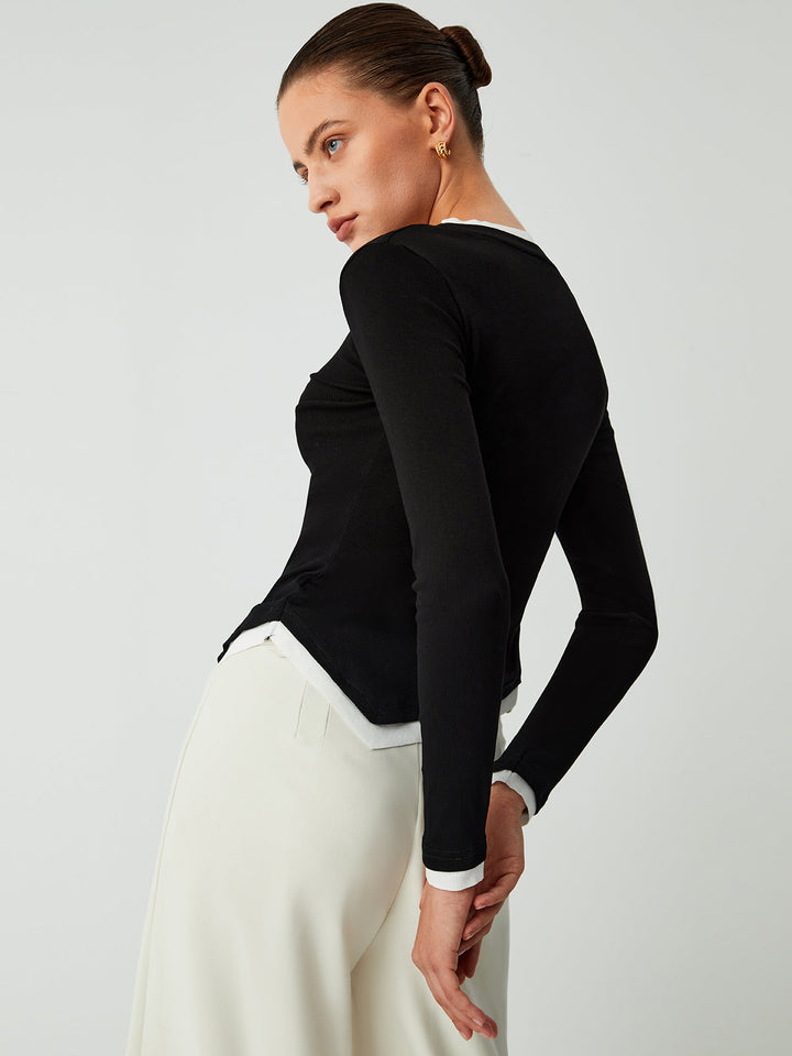 Asymmetric Hem Contrast Trim Long Sleeve Shirt  Liora Lane Boutique T-Shirts