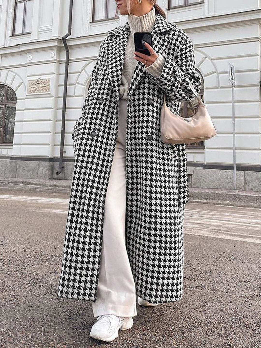 Oversized Houndstooth Tweed Trench Coat  Liora Lane Boutique Wool Coats