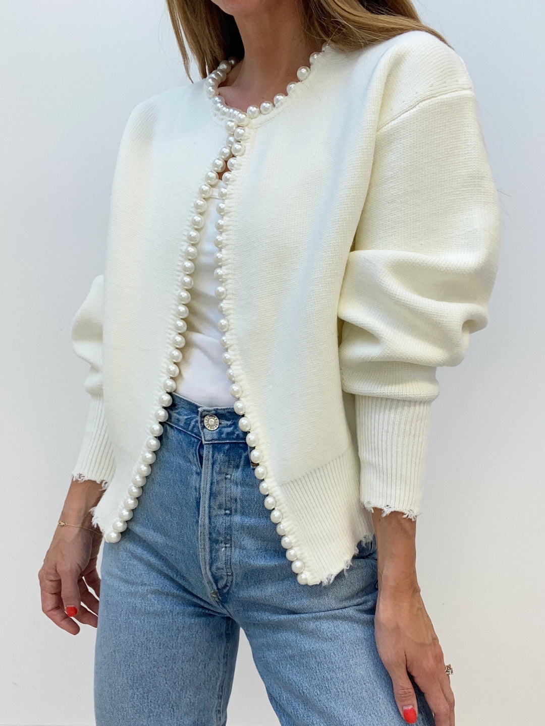 Pearl Trim Ripped Hem Cardigan  Liora Lane Boutique Cardigans White / XL 62.00