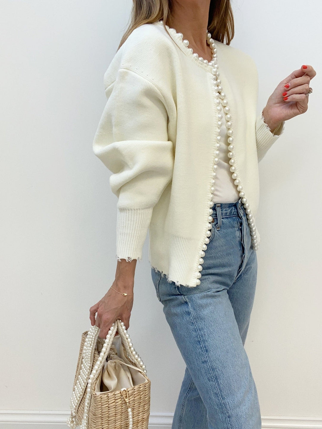 Pearl Trim Ripped Hem Cardigan  Liora Lane Boutique Cardigans