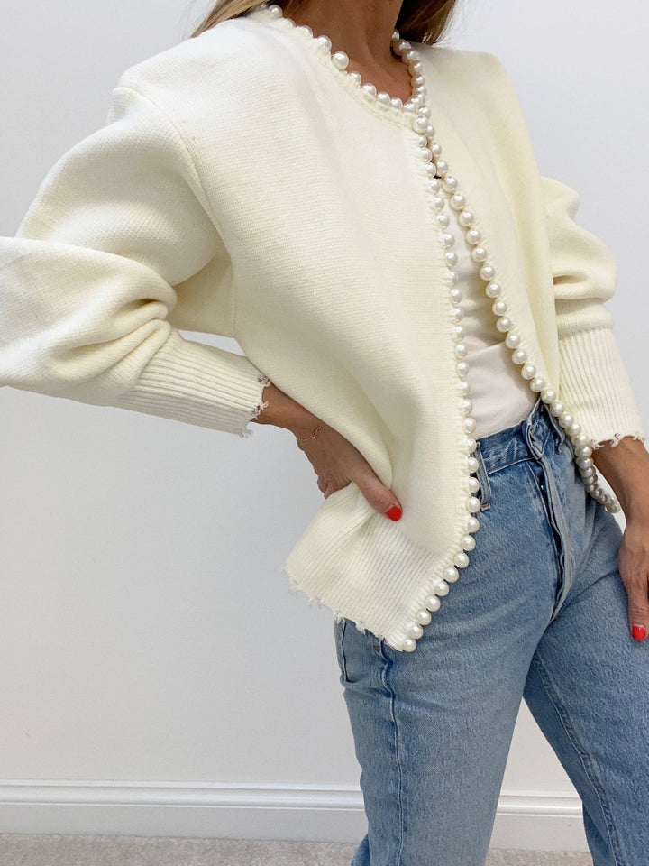 Pearl Trim Ripped Hem Cardigan  Liora Lane Boutique Cardigans