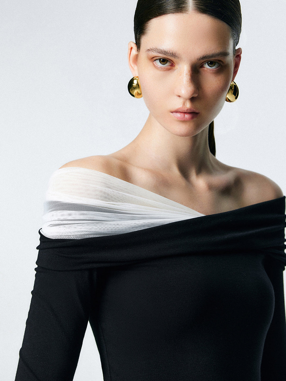 Asymmetric Off Shoulder Long Sleeve Mesh Top  Liora Lane Boutique T-Shirts