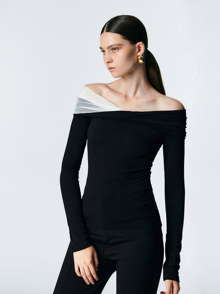 Asymmetric Off Shoulder Long Sleeve Mesh Top  Liora Lane Boutique T-Shirts