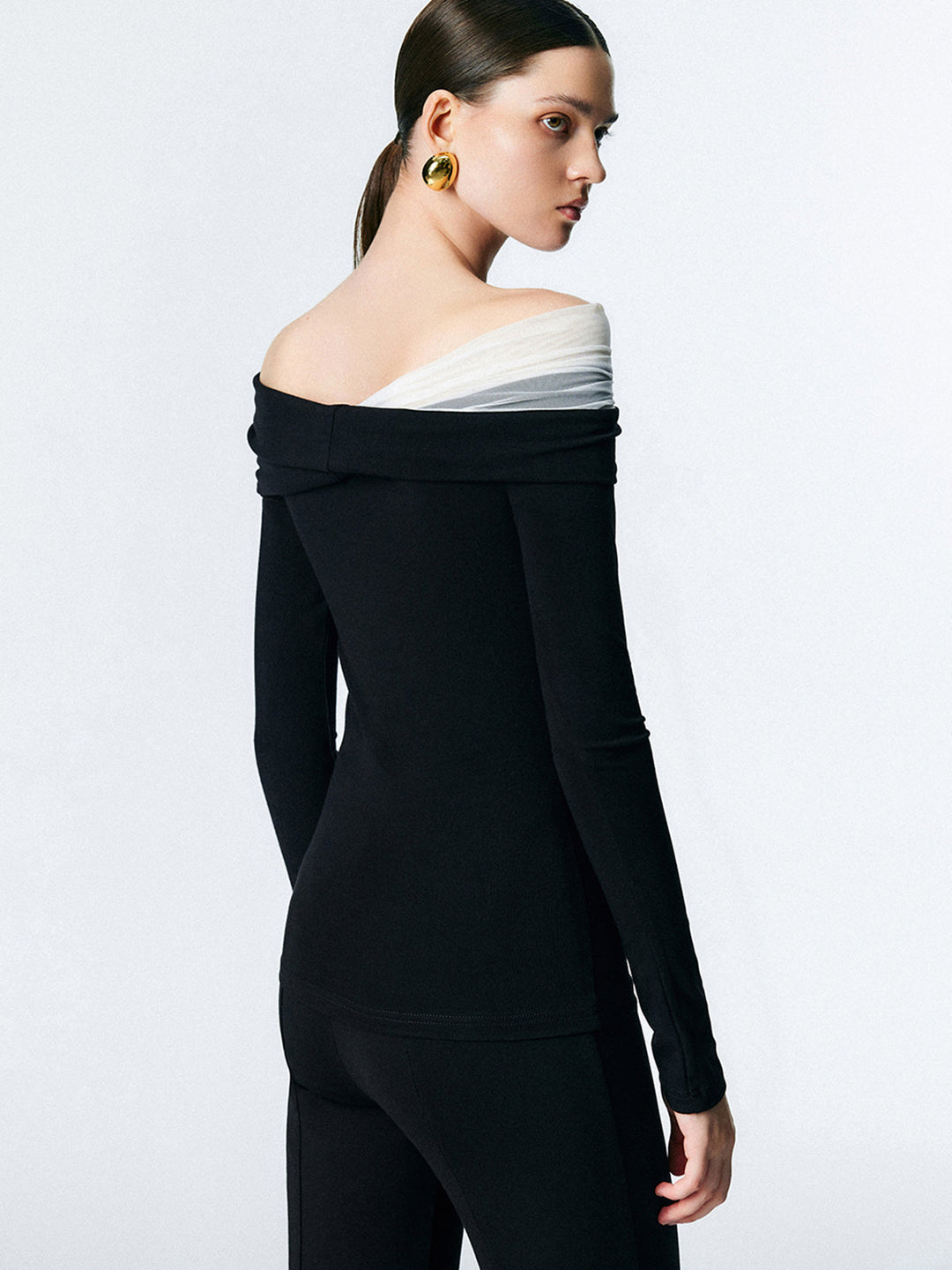 Asymmetric Off Shoulder Long Sleeve Mesh Top  Liora Lane Boutique T-Shirts