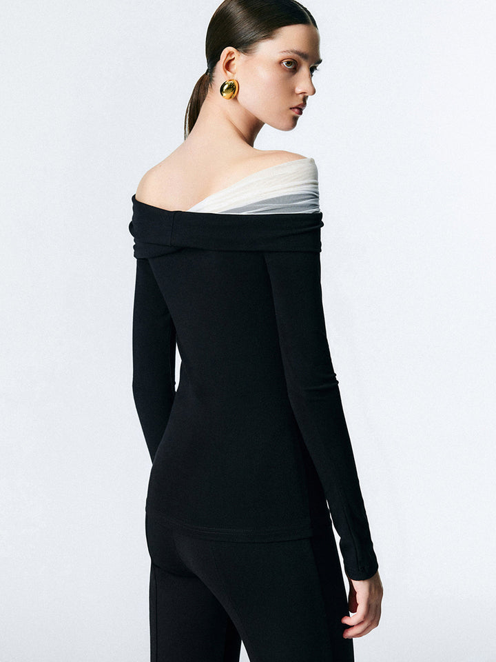Asymmetric Off Shoulder Long Sleeve Mesh Top  Liora Lane Boutique T-Shirts
