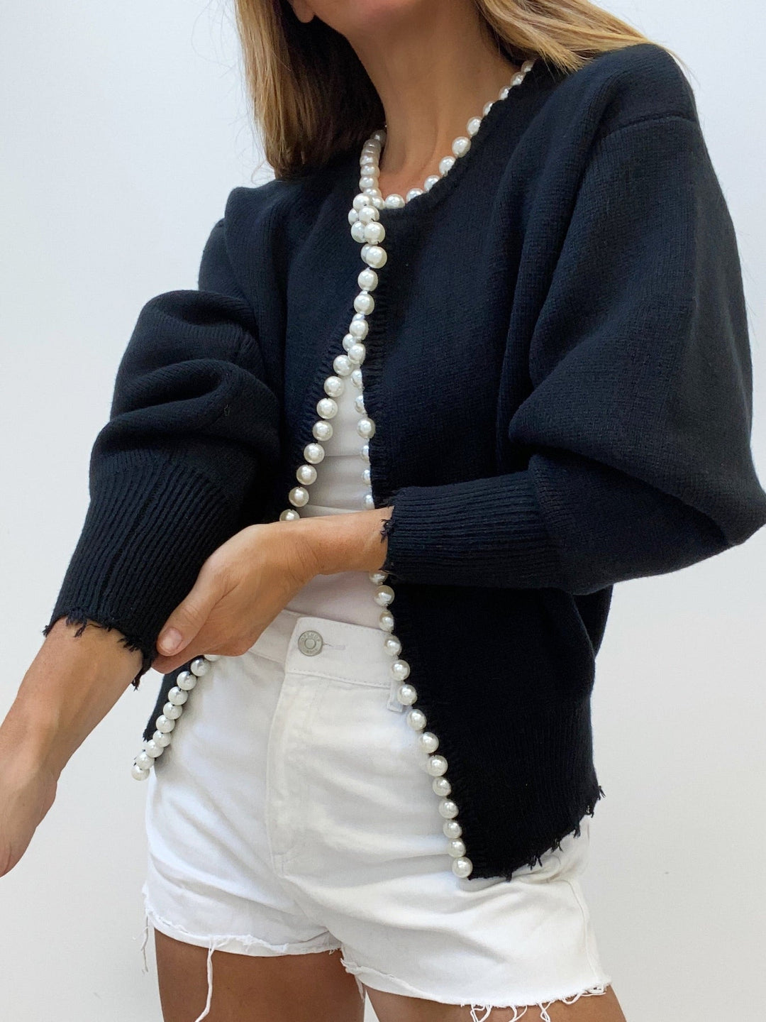 Pearl Trim Ripped Hem Cardigan  Liora Lane Boutique Cardigans Black / XL 62.00