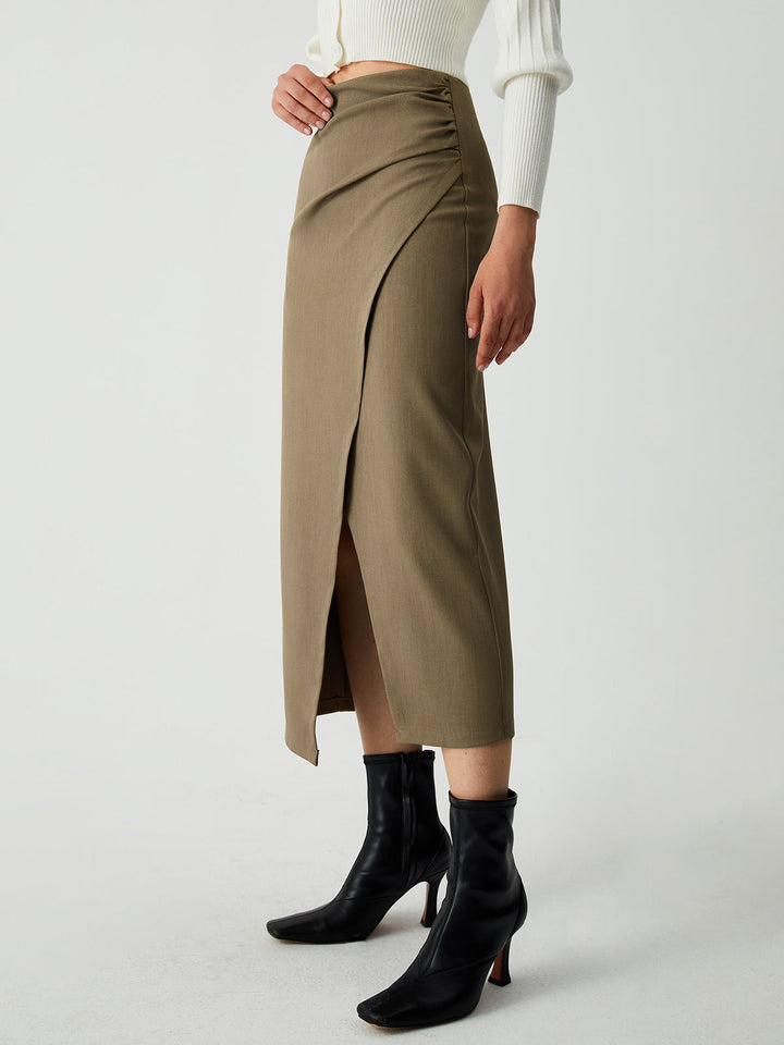 Maple Wrap Slit Midi Skirt  Liora Lane Boutique Skirts Khaki / XL 32.00